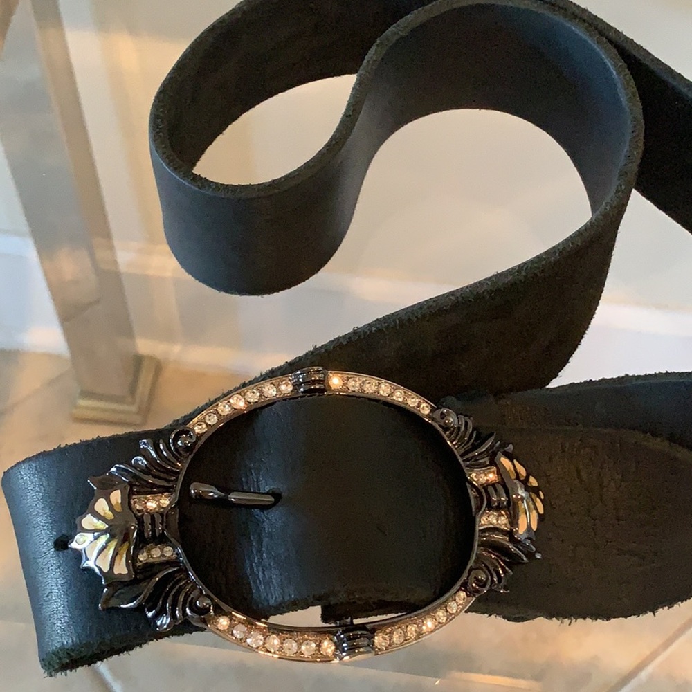 NWOT ORGIANI Black ITALIAN Genuine Leather Belt w rhinestones GORGEOUS